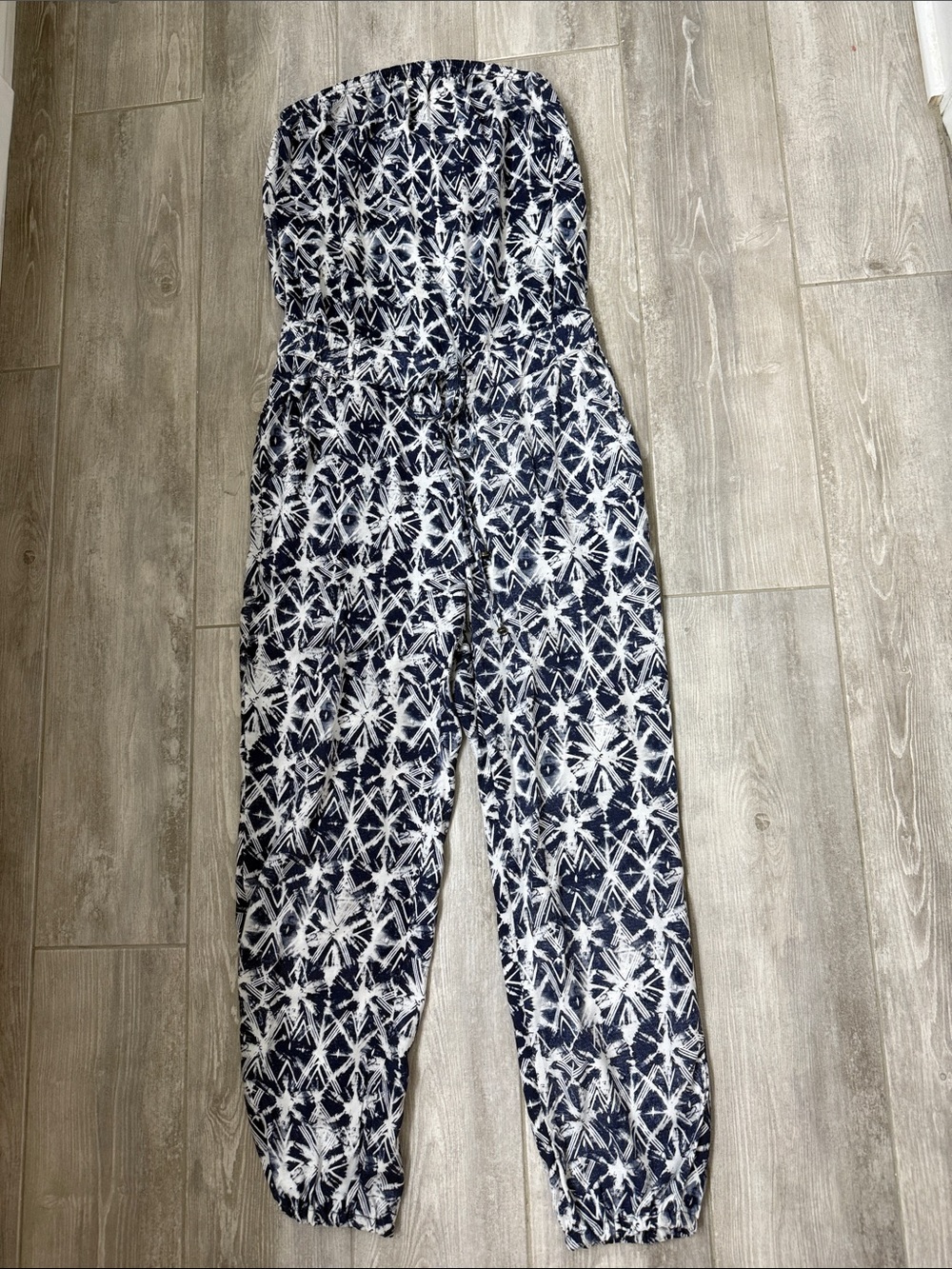Strapless Navy & White slightly cropped, comfy Jumpsuit